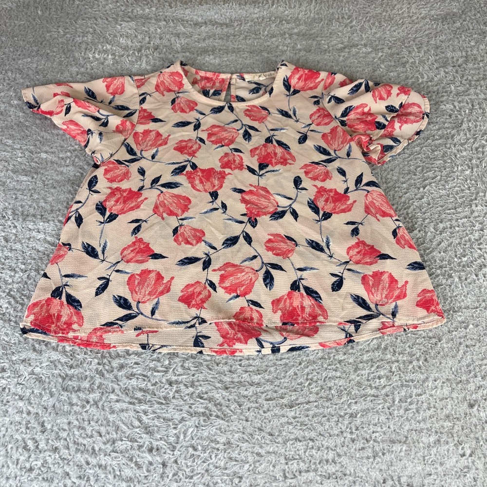 Rewind Floral Short Sleeve Blouse Peach Coral Navy Blue Keyhole Back Small